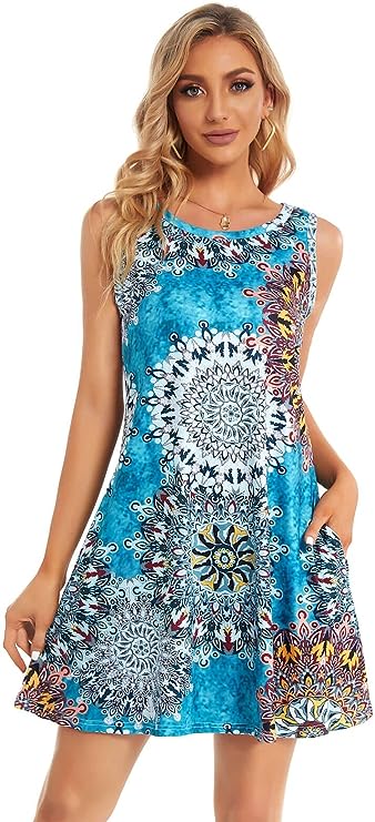 Summer Dresses for Women Beach Floral Tshirt Sundress Sleeveless Pockets  Casual Loose Tank Dress