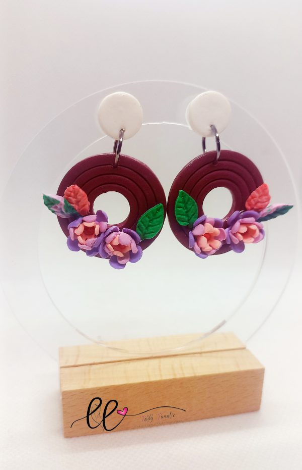LadyLunatic Purple Pink floral with maroon hoop earring